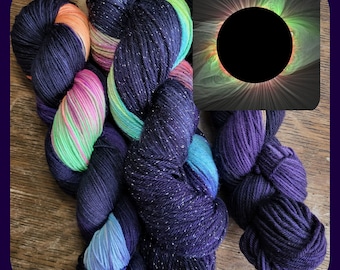 Hand Dyed Yarn Fingering Sock or Fiber - Total Eclipse of the Sun- SW Merino/Nylon - Black, Deep Purple, Aqua Lime, Lemon, Orange, Fuchsia