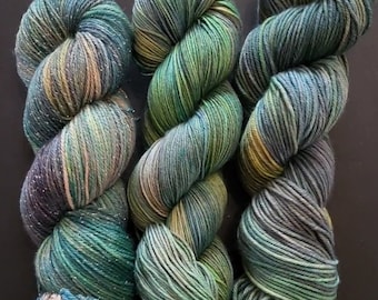 Hand Dyed Yarn Fingering Sock - The Forest - Superwash Merino/Nylon DK, Sparkle or Sock - warm and cool Greens, Blues, Teals and Golds