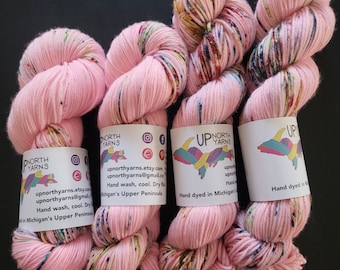 Hand Dyed Yarn Fingering Sock - Spring It On - SW Merino/Nylon, or Sparkle DK - Pink with many colors of Speckles