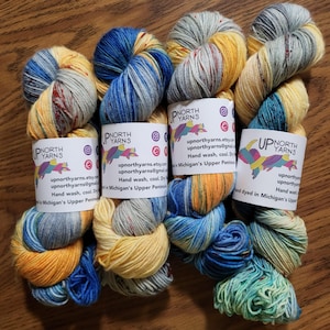 Hand Dyed Yarn Fingering - The Blue Hour - Superwash Sock Merino/nylon - Blues Grays Peach Gold