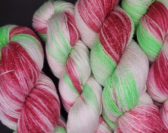 Hand Dyed Yarn Fingering Sock - Pops of Christmas - Holiday SW Merino/Nylon, 100% Silk, Mohair or Sparkle - Bright Greens & Reds