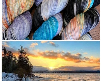 Hand Dyed Yarn - Presque Isle Sunset - Sock, Sparkle, DK, and Aran - Black, Gray, Aqua, Peach
