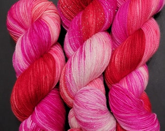 Hand Dyed Yarn Sock Fingering - Kiss You All Over - Superwash Merino/Nylon or Sparkle - Reds, Pink, and Magenta