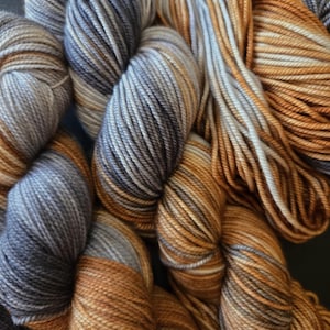 Hand Dyed Yarn: Hello, B - High Twist Merino Sock or DK Gray, Silver, Brown