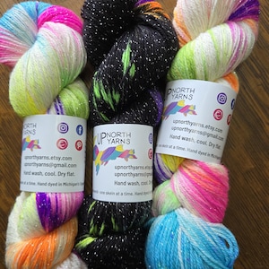 Hand Dyed Fingering Sock Yarn - Cosmic Dust - SW Sock, Worsted, DK, or Sparkle - Jet Black or White w/Green Turquoise Fuchsia Yellow Purples