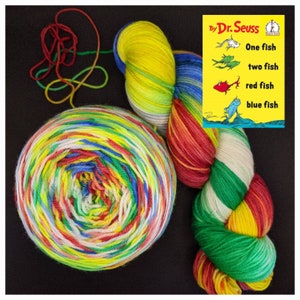 Hand Dyed Yarn Fingering  Sock - One Fish Two Fish - Dr. Seuss - 100g Superwash Merino/Nylon, Sparkle or DK - Yellow Red Green Blue White