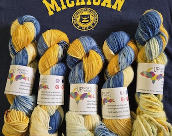 Hand Dyed Yarn: Wolverines Maize and Blue Speckled Merino