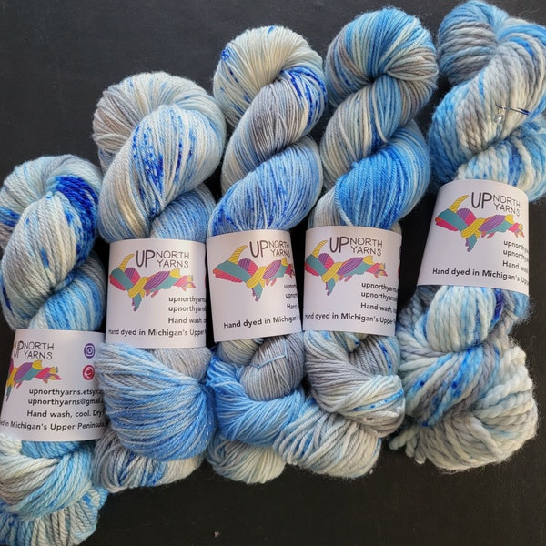 Hand Dyed Fingering Sock Yarn - Detroit! - 100g SW Merino/Nylon, 100% Merino, Bulky, Sparkle, or Merino DK Blue Silver White Blue Speckles