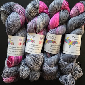 Hand Dyed Fingering Yarn – Gray with Fuchsia, Grand Haven Ice Blanket Assigned Pooling