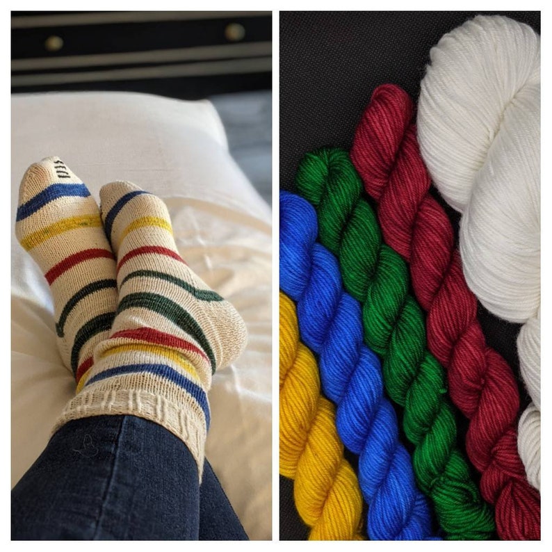 Puede incluir: Un par de calcetines a rayas en blanco, rojo, amarillo y verde. Los calcetines se llevan puestos en las piernas de una persona. La imagen tambi&eacute;n muestra cinco ovillos de lana en amarillo, azul, verde y rojo.