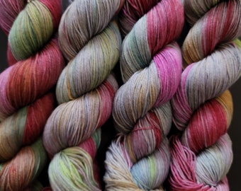 Hand Dyed Yarn Fingering Sock - March Dye Dump - Superwash 75/25 Merino/Nylon - Reds, Golds, Greens, Grays