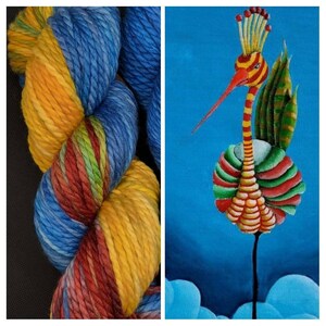 Hand Dyed Yarn Fingering Sock - Eclectic Bird - SW Merino/Nylon or Bulky - Blues, Red, Green, Golds, Black