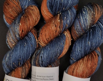 May include: Three skeins of hand-dyed yarn in a variegated colorway of deep blue and burnt orange with small white and dark brown flecks. Each skein features a paper label reading Up North Yarns, American Kestrel, 85/15 Merino/Nylon Neps, DK weight, 100 g, 231 yd.