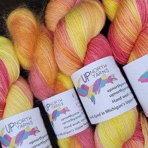 Hand Dyed Yarn Sock Fingering - Tequila Sunrise - Superwash Merino/Nylon, DK, Sparkle, Mohair/Silk - Golds, Peach, Soft Red