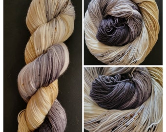 Hand Dyed Yarn Fingering Sock - Boilermakers - SW Merino/Nylon Black Gray Tan with Speckles