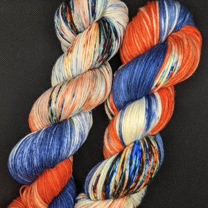 Hand Dyed Yarn Fingering Sock, DK, or Aran - The Bears - SW Merino/Nylon or Merino DK Blue & Orange with Speckles