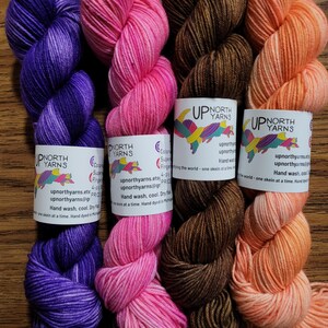 May include: Four skeins of hand-dyed yarn arranged vertically. The colors from left to right are deep purple, bright pink, dark brown, and light peach. Each skein features a white paper label with the text Up North Yarns and care instructions.