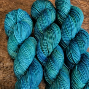 Hand Dyed Yarn Fingering Sock - Bungle in the Jungle - Superwash Sock, DK & High Twist Sock - warm and cool Greens, Teals, Blues, Aqua