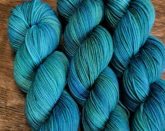 Hand Dyed Yarn Fingering Sock - Bungle in the Jungle - Superwash Sock, DK & High Twist Sock - warm and cool Greens, Teals, Blues, Aqua