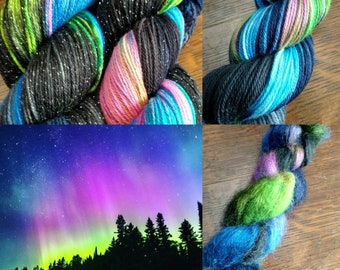 Hand Dyed Yarn Fingering Sock -Superwash DK, Sparkle, Gradient, Mohair/Silk - Isle Royale Aurora - Black Blues Greens, Fuchsia, Violet