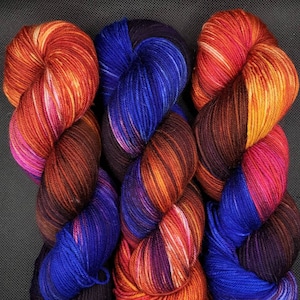Hand Dyed Sunset Yarn: Superwash Merino Silk Blend