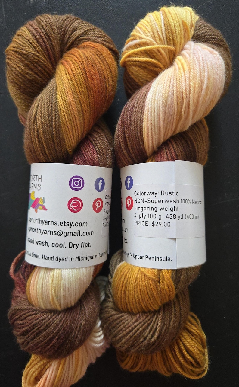 Hand Dyed Non-Superwash Merino Yarn: Rustic - Browns, Rusts, Orange NSW Merino Fingering