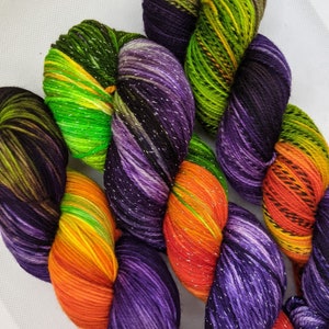 Hand Dyed Yarn Halloween Fingering - Witch-approved - Sock, Sparkle, Zebra, DK, Worsted, Aran, Bulky - Deep Purple, Lime, Yellow, Orange