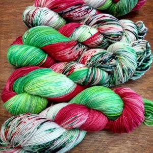 Hand Dyed Fingering Sock - Poinsettias - SW Merino DK, Worsted, Bulky, Sparkle, or Mohair Yarn Christmas - Reds Greens w/Speckles