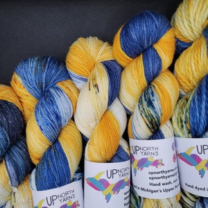 Hand Dyed Yarn - Wolverines - SW Fingering Sock, Linen, Sparkle, 100% Merino DK, Aran, Bulky, NSW Mohair/Silk -Maize Blue w/speckles