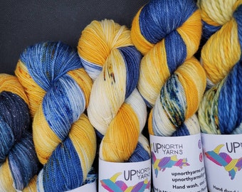 Hand Dyed Yarn - Wolverines - SW Fingering Sock, Linen, Minis, Sparkle, 100% Merino DK, Aran, Bulky, NSW Mohair/Silk -Maize Blue w/speckles