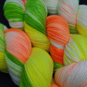 Hand Dyed Yarn Sock Fingering - Good Morning, Sunshine - 100g 438 yd 85/15 Superwash Merino Wool/Nylon Orange Lime Lemon White