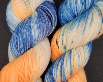 Hand Dyed Yarn Fingering Sock - The Tigers - SW Merino/Nylon or Merino DK Blue & Orange with Speckles