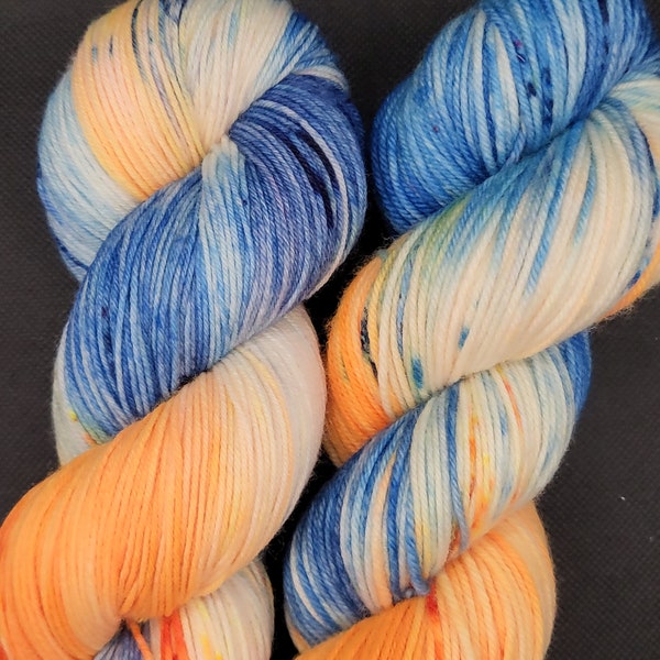 Hand Dyed Yarn Fingering Sock - The Tigers - SW Merino/Nylon or Merino DK Blue & Orange with Speckles