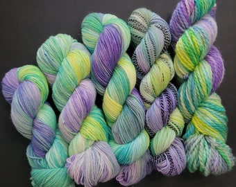 Hand Dyed Fingering Sock Yarn - Cosmic Lime - Superwash Merino/Nylon, Sparkle, Zebra Sock or Bulky - Greens Blues Yellow Purple