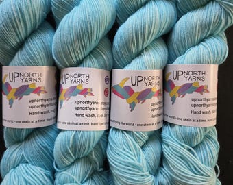 Hand Dyed Yarn Fingering Sock- Mackinac Blue Ice - Superwash Merino/Nylon, Sparkle or Superkid Mohair/Silk - Palest Blue