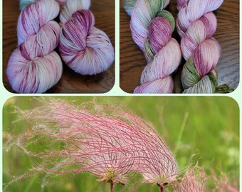 Hand Dyed Yarn Fingering Sock - Drummond Island Prairie Smoke - Superwash Merino/Nylon or Merino/Linen - Pinks, Burgundy, Greens, White