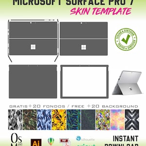 Pode incluir: Um modelo de skin para Microsoft Surface Pro 7 com contornos digitais para personalização do dispositivo. Inclui vinte padrões de fundo, um selo certificado e ícones de compatibilidade de software para Adobe Illustrator, CorelDRAW, PDF, Silhouette e Cricut.