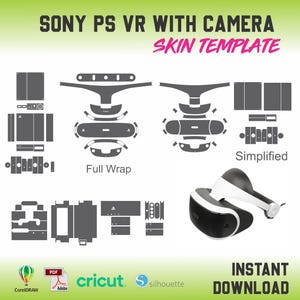 Könnte beinhalten: Eine digitale Vorlage für eine Sony PS VR Headset- und Kamerahülle. Die Vorlage umfasst eine vollständige Ummantelung und eine vereinfachte Version. Das Bild zeigt auch die Logos von Cricut, Silhouette, CorelDRAW und Adobe.