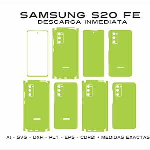 May include: A digital download of printable templates for a Samsung S20 FE phone case. The templates are in green and white and include the front, back, and sides of the phone. The text "SAMSUNG S20 FE DESCARGA INMEDIATA" is at the top of the image. The text "AI - SVG - DXF - PLT - EPS - CDR21 + MEDIDAS EXACTAS" is at the bottom of the image.