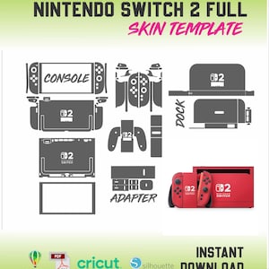 Könnte beinhalten: Eine digitale Vorlage für ein Nintendo Switch 2 Skin, mit Umrissen von Konsole, Dockingstation und Controllern. Das Design enthält den Text "NINTENDO SWITCH 2 FULL SKIN TEMPLATE" sowie "CONSOLE", "DOCK" und "ADAPTER". Eine rote Nintendo Switch 2 ist ebenfalls abgebildet.