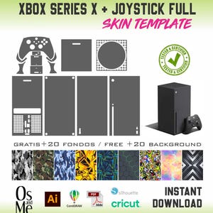 May include: A digital skin template for an Xbox Series X console and controller, featuring grey vector outlines, a black console and controller image, twenty colorful background patterns, and logos for Adobe Illustrator, CorelDRAW, PDF, Silhouette, and Cricut.