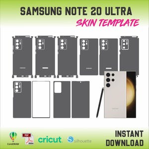 May include: A template for creating a skin for a Samsung Note 20 Ultra phone. The template includes all the pieces needed to cover the front, back, and sides of the phone. The template is in black and white and is designed to be printed on a sticker sheet.