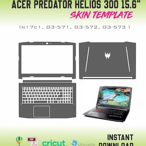 May include: A skin template for an Acer Predator Helios 300 15.6" laptop. The image shows the template layout, including the top, bottom, and keyboard sections. The text "Instant Download" is also visible.