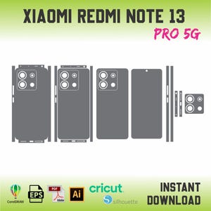 Puede incluir: Una plantilla digital para una funda de teléfono Xiaomi Redmi Note 13 Pro 5G. La plantilla incluye una parte frontal, una parte posterior y un recorte para la cámara. La plantilla está disponible en varios formatos de archivo, incluidos EPS, PDF, AI y Cricut.