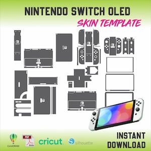 May include: A template for a Nintendo Switch OLED skin. The template includes all the pieces needed to cover the console, controllers, and screen. The template is in black and white and is ready to be printed and cut out.
