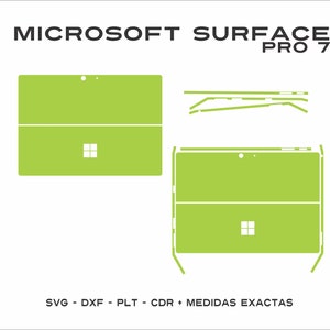 May include: A green outline of a Microsoft Surface Pro 7 laptop. The outline shows the laptop in both closed and open positions. The image includes the text "MICROSOFT SURFACE PRO 7".