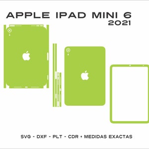 Puede incluir: Una plantilla de protector de pantalla para iPad Mini 6 2021 de Apple en verde, con formatos de archivo SVG, DXF, PLT y CDR. La plantilla incluye la parte delantera, trasera y los lados del iPad.