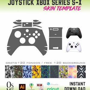 May include: A digital template for an Xbox Series S-X controller skin, featuring a grey outline of the controller and console, two finished controller examples, and twenty colourful background patterns including camo, geometric, and abstract designs.