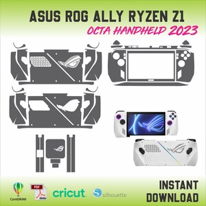 Könnte beinhalten: Eine digitale Illustration einer weißen Handheld-Spielkonsole mit einem schwarzen Bildschirm und violetten Knöpfen. Die Konsole hat ein schwarz-weißes Design mit einem stilisierten Logo auf der Rückseite. Der Text "ASUS ROG ALLY RYZEN ZI OCTA HANDHELD 2023" befindet sich oben im Bild.