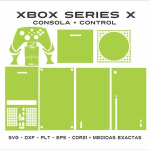 May include: A green and white outline of an Xbox Series X console and controller. The text "XBOX SERIES X CONSOLA + CONTROL" is at the top of the image. The text "SVG - DXF - PLT - EPS - CDR21 + MEDIDAS EXACTAS" is at the bottom of the image.